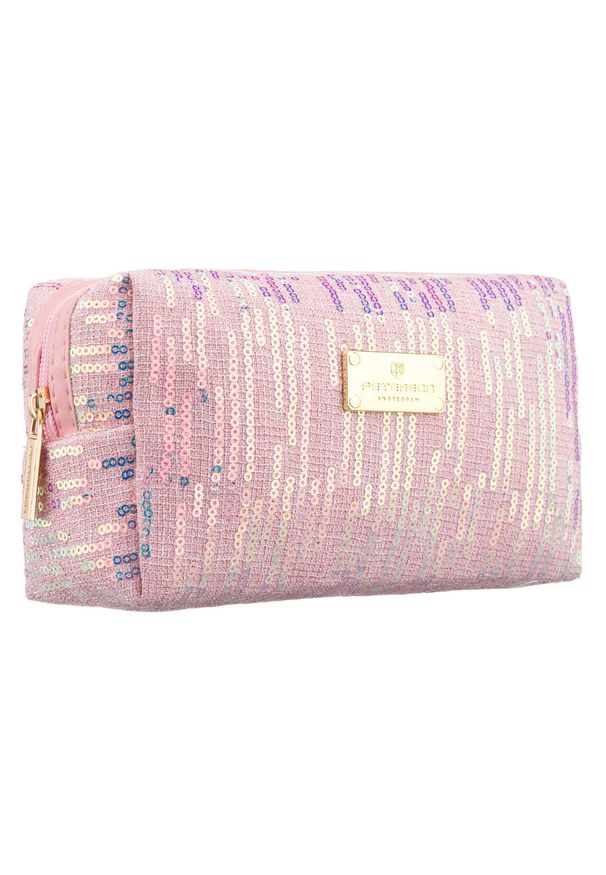 Różowa kosmetyczka z poliestru ozdobiona cekinami, jednokomorowa - Peterson. Kolor: różowy. Materiał: poliester. Wzór: aplikacja