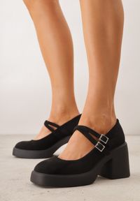 Renee - Czarne Chunky Półbuty na Słupku z Paskami z Klamrami Zdobionymi Cyrkoniami Pesipe. Okazja: na co dzień. Zapięcie: klamry. Kolor: czarny. Wzór: aplikacja. Obcas: na słupku. Styl: glamour, casual, elegancki. Wysokość obcasa: średni #6
