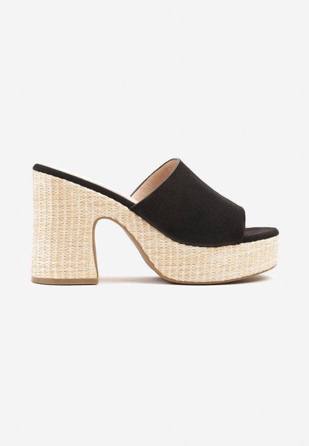 Born2be - Czarne Klapki na Słupku z Szerokim Paskiem z Imitacji Zamszu Volima. Okazja: na co dzień. Kolor: czarny. Materiał: zamsz. Obcas: na słupku. Styl: casual. Wysokość obcasa: średni