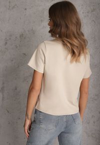 Renee - Beżowy Casualowy T-shirt z Bawełny Nealiara. Okazja: na co dzień. Kolor: beżowy. Materiał: bawełna. Wzór: aplikacja. Styl: casual #7