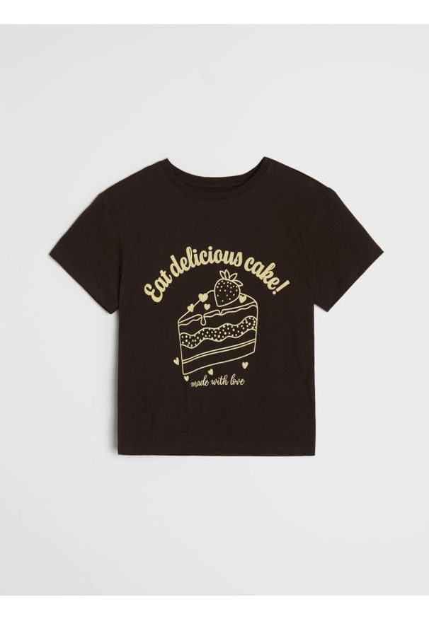 Sinsay - Bawełniana koszulka z nadrukiem - brązowy. Kolor: brązowy. Materiał: bawełna. Wzór: nadruk