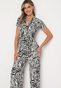 Born2be - Czarno-Biały Kombinezon o Kopertowym Kroju z Szerokimi Nogawkami Saramla. Kolor: czarny. Materiał: skóra. Styl: elegancki, sportowy, klasyczny #7