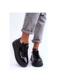 Lemar Damskie Buty Sportowe Lakierowane na Platformie Czarne Milonia. Zapięcie: sznurówki. Kolor: czarny. Materiał: lakier. Obcas: na platformie #6