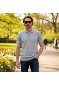 Dzianinowa Koszulka Polo - Pako Jeans - Popielata, Faktura Materiału. Okazja: na co dzień. Typ kołnierza: polo. Kolor: szary. Materiał: bawełna. Wzór: ze splotem. Styl: casual #3