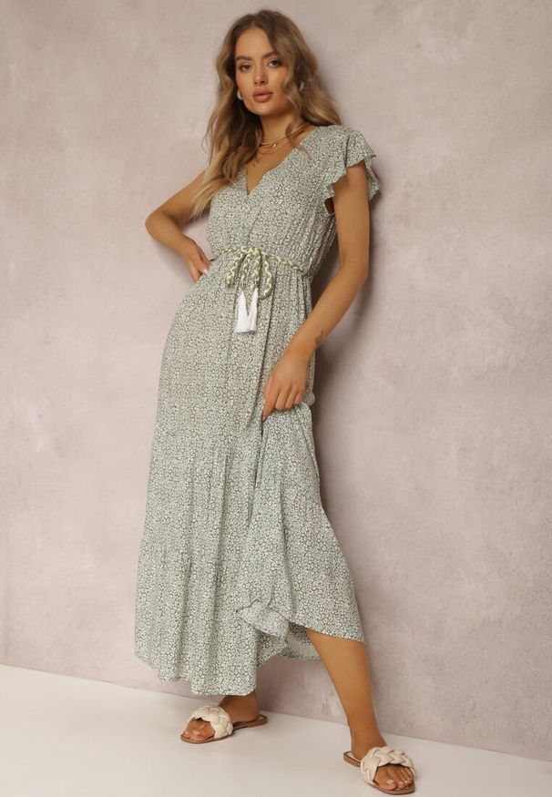 Renee - Zielona Sukienka Z Paskiem Veinhayi. Kolor: zielony. Długość rękawa: krótki rękaw. Wzór: aplikacja. Styl: boho. Długość: midi
