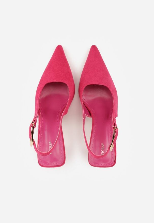 Renee - Fuksjowe Szpilki Slingback VICES z Imitacji Zamszu z Prostokątną Klamerką Natuma. Okazja: na co dzień, na randkę, na ślub cywilny, na wesele. Zapięcie: klamry. Kolor: różowy. Materiał: zamsz. Obcas: na szpilce. Styl: casual, elegancki