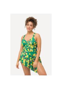 ULLA POPKEN - Damska Sukienka Kąpielowa cytryny miękkie miseczki asymetryczny dół. Kolekcja: plus size. Kolor: zielony. Materiał: poliester, elastan, poliamid, materiał