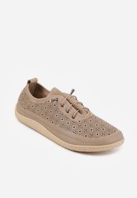 Born2be - Beżowe Skórzane Tenisówki z Ażurową Cholewką Nesseli. Okazja: na co dzień, do pracy, na spacer. Kolor: beżowy. Materiał: skóra. Szerokość cholewki: normalna. Wzór: ażurowy. Styl: boho, casual #6