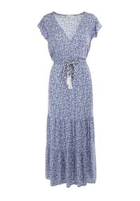 Born2be - Niebieska Sukienka Cadulenn. Typ kołnierza: kołnierz z falbankami. Kolor: niebieski. Materiał: tkanina. Długość rękawa: krótki rękaw. Wzór: nadruk, aplikacja, kwiaty. Styl: boho. Długość: maxi #4