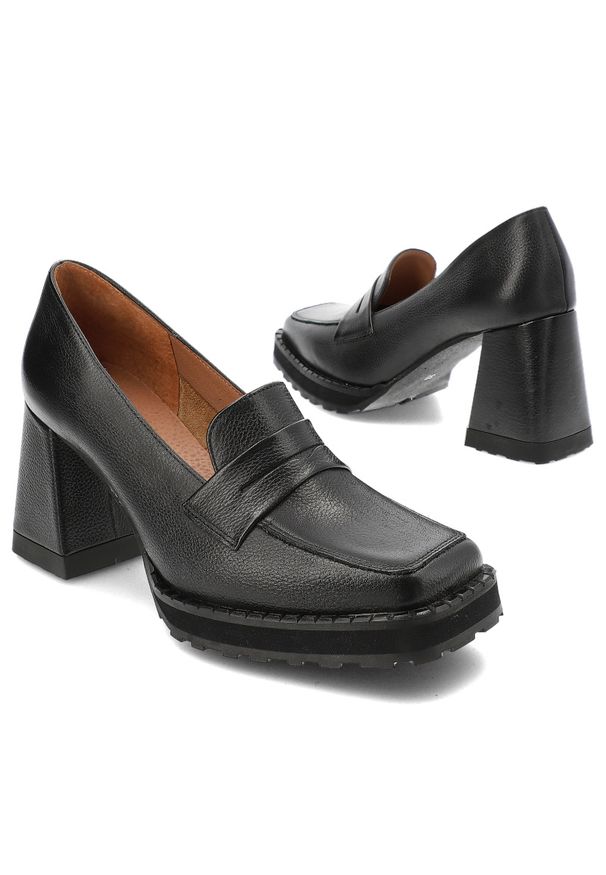 Czarne Półbuty Armodo Stylowe Obuwie Damskie. Okazja: na co dzień. Zapięcie: pasek. Kolor: czarny. Materiał: materiał, skóra. Obcas: na obcasie. Styl: elegancki. Wysokość obcasa: średni