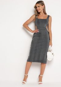 Born2be - Ciemnoszara Bawełniana Sukienka na Ramiączkach ze Ściągaczami i Wycięciami po Bokach Nestanina. Kolor: szary. Materiał: bawełna. Długość rękawa: na ramiączkach. Styl: elegancki #4
