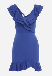 Born2be - Granatowa Kopertowa Sukienka z Falbankami i Dekoltem w Serek Dlina. Okazja: na co dzień. Typ kołnierza: dekolt w serek, kołnierz z falbankami. Kolor: niebieski. Długość rękawa: krótki rękaw. Wzór: aplikacja. Typ sukienki: kopertowe. Styl: casual, elegancki #5