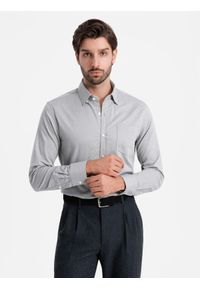 Ombre Clothing - Koszula męska SLIM FIT z ozdobnej tkaniny z kieszonką – szara V2 - Rozmiar: S. Okazja: do pracy. Typ kołnierza: kołnierzyk klasyczny. Kolor: szary. Materiał: tkanina. Wzór: haft, ze splotem. Styl: klasyczny, elegancki #3