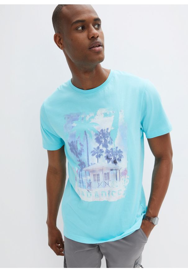 bonprix - T-shirt w specjalnym wygodnym fasonie, z fotodrukiem, z bawełny organicznej. Kolor: niebieski. Materiał: bawełna