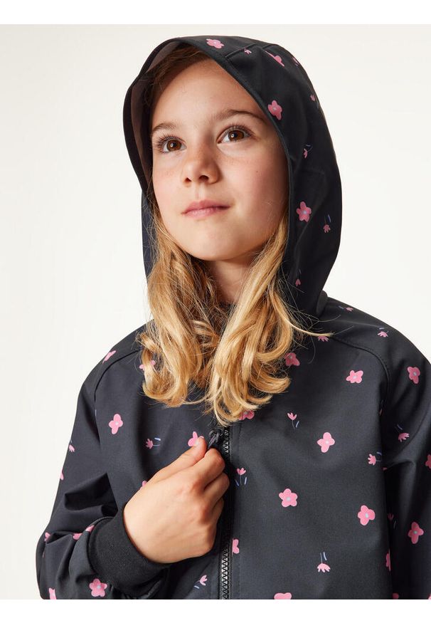 UNUO - Kurtka softshellowa dziecięca bez ocieplenia elastyczna Basic, czarny, kwiaty. Kolor: czarny. Materiał: softshell. Wzór: kwiaty. Sezon: lato, jesień, wiosna