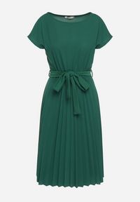 Born2be - Zielona Koktajlowa Sukienka z Krótkim Rękawem i Gumką w Talii z Materiałowym Paskiem Javia. Kolor: zielony. Materiał: materiał. Długość rękawa: krótki rękaw. Styl: wizytowy #4