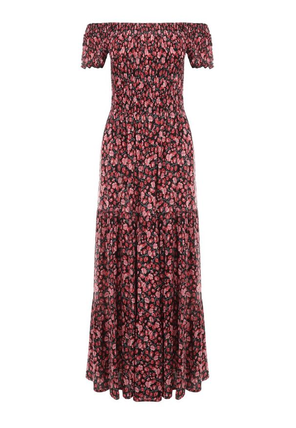 Born2be - Czerwono-Czarna Sukienka z Wiskozy Cheri. Typ kołnierza: dekolt hiszpanka. Kolor: czerwony. Materiał: wiskoza. Wzór: kwiaty. Sezon: lato. Typ sukienki: rozkloszowane. Długość: maxi