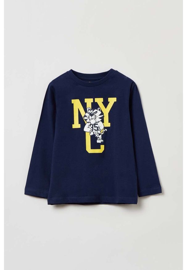 OVS longsleeve bawełniany dziecięcy kolor niebieski z nadrukiem. Okazja: na co dzień. Kolor: niebieski. Materiał: bawełna. Długość rękawa: długi rękaw. Wzór: nadruk. Styl: casual