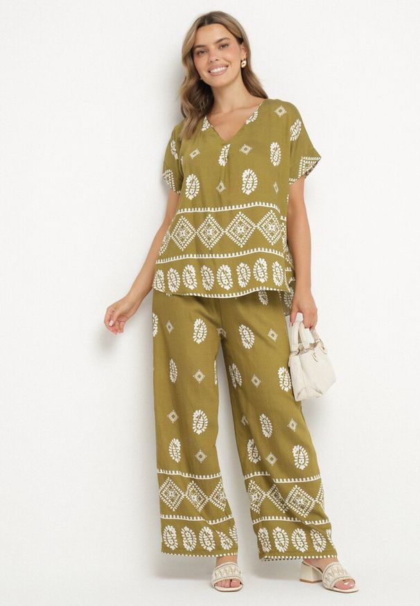 Born2be - Zielono-Biały Bawełniany Komplet Koszula i Szerokie Spodnie w Stylu Boho Ollirive. Kolor: zielony. Materiał: bawełna. Wzór: aplikacja