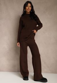 Renee - Brązowy Komplet z Wełną i Bawełną Szerokie Spodnie i Sweter o Długim Kroju Reilissa. Kolor: brązowy. Materiał: wełna, bawełna #1