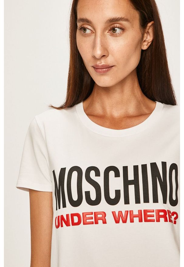 Moschino Underwear - T-shirt piżamowy. Kolor: biały. Materiał: bawełna, dzianina, elastan. Wzór: nadruk