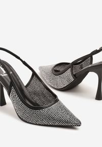 Renee - Czarne Sandały Szpilki Slingback z Noskiem w Szpic Zdobione Cyrkoniami Zenvia. Okazja: na imprezę, do pracy, na spotkanie biznesowe. Kolor: czarny. Wzór: aplikacja. Obcas: na szpilce. Styl: wizytowy, biznesowy #4