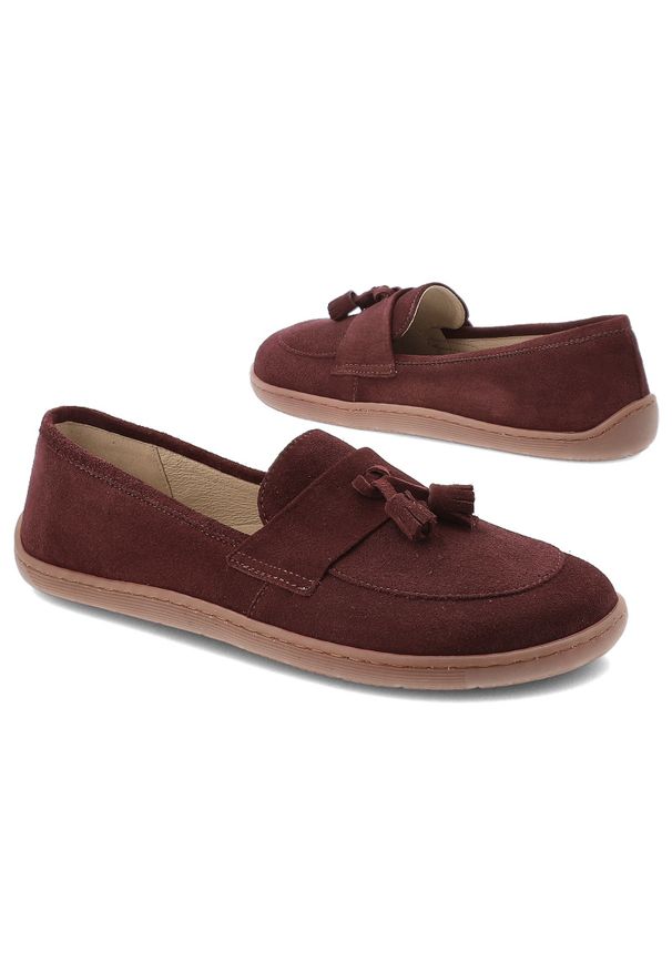 Bordowe Mokasyny Z Frędzlami Armodo Damskie Obuwie Barefoot. Okazja: na co dzień. Kolor: czerwony. Materiał: zamsz. Styl: casual, elegancki