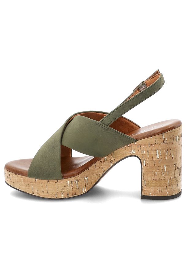 Sandały damskie Marco Tozzi, na wysokim słupku z krzyżowanymi paskami i regulowanym zapięciem przy pięcie osadzone na platformie o korkowym wykończen. Zapięcie: pasek. Kolor: zielony. Materiał: len. Wzór: paski. Sezon: lato. Obcas: na platformie. Styl: elegancki, klasyczny. Wysokość obcasa: średni