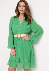 Born2be - Zielona Sukienka Nesilwyn. Kolor: zielony. Materiał: tkanina. Wzór: haft. Styl: boho. Długość: mini #1