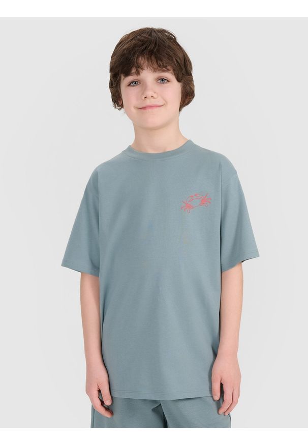 4f - 4F T-shirt oversize z nadrukiem chłopięcy - turkusowy 158 (12-13 lat). Okazja: na co dzień. Kolor: turkusowy. Materiał: dzianina, jersey, bawełna. Długość rękawa: krótki rękaw. Długość: krótkie. Wzór: nadruk. Sezon: lato. Styl: casual, klasyczny, sportowy