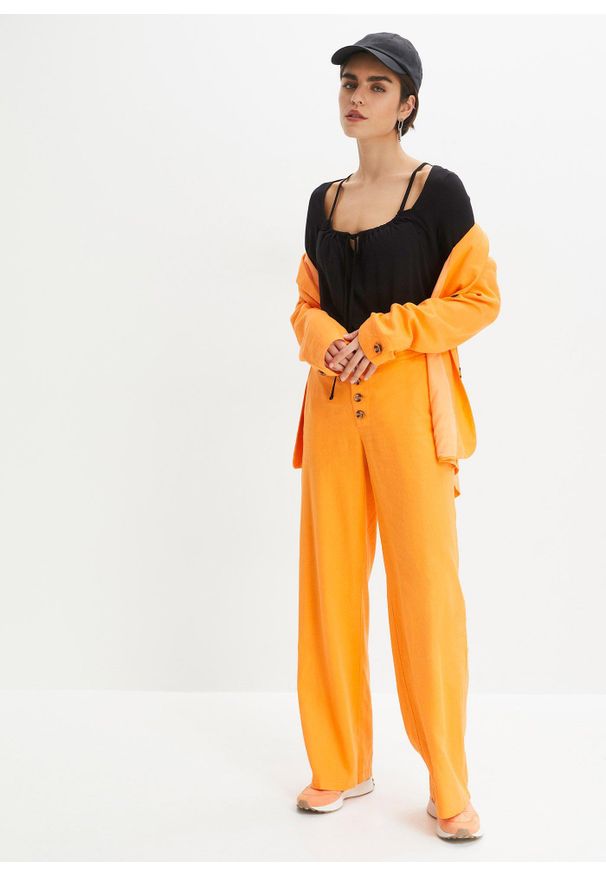 bonprix - Długie spodnie palazzo z domieszką lnu. Kolor: pomarańczowy. Materiał: len. Długość: długie. Styl: elegancki