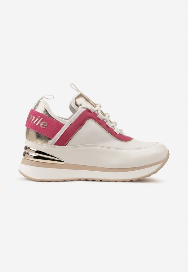 Renee - Biało-Różowe Sneakersy z Metaliczną Wstawką i Ozdobnym Napisem na Ukrytym Koturnie Alivewna. Kolor: biały. Wzór: napisy. Sezon: lato. Obcas: na koturnie