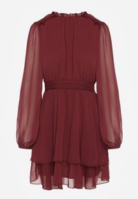 Renee - Bordowa Szyfonowa Sukienka Mgiełka o Rozkloszowanym Kroju z Bufiastymi Rękawami Aziva. Okazja: na co dzień. Kolor: czerwony. Materiał: szyfon. Typ sukienki: rozkloszowane, proste. Styl: casual #8