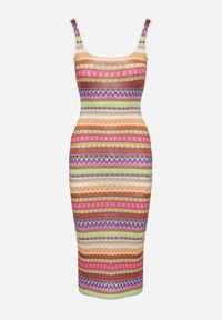 Born2be - Różowo-Pomarańczowa Dopasowana Sukienka Midi na Ramiączkach z Elastycznej Dzianiny Dempnia. Kolor: różowy. Materiał: dzianina. Długość rękawa: na ramiączkach. Długość: midi #2