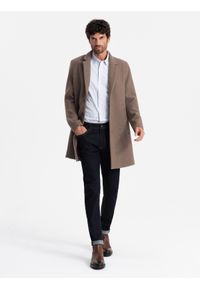 Ombre Clothing - Elegancki jednorzędowy męski płaszcz z wełną – brązowy V1. Kolor: brązowy. Materiał: wełna. Wzór: paski, ze splotem. Sezon: zima. Styl: elegancki #1