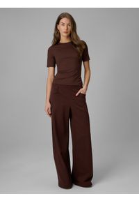 4f - 4F T-shirt slim gładki damski - brązowy M. Okazja: na co dzień. Kolor: brązowy. Materiał: materiał, syntetyk. Wzór: gładki. Styl: casual #2
