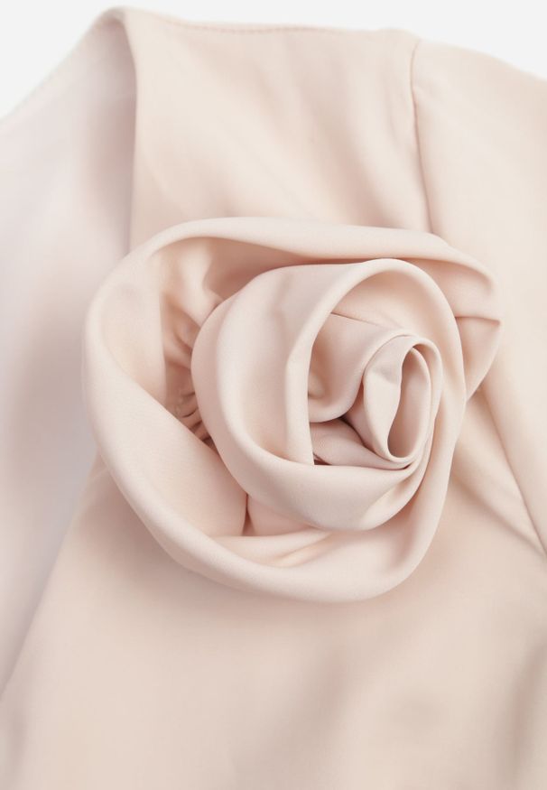 Renee - Beżowa Zwiewna Sukienka Wieczorowa VICES z Aplikacją 3D w Kształcie Kwiatu Themira. Typ kołnierza: dekolt w kształcie V. Kolor: beżowy. Wzór: aplikacja, kwiaty. Styl: wizytowy