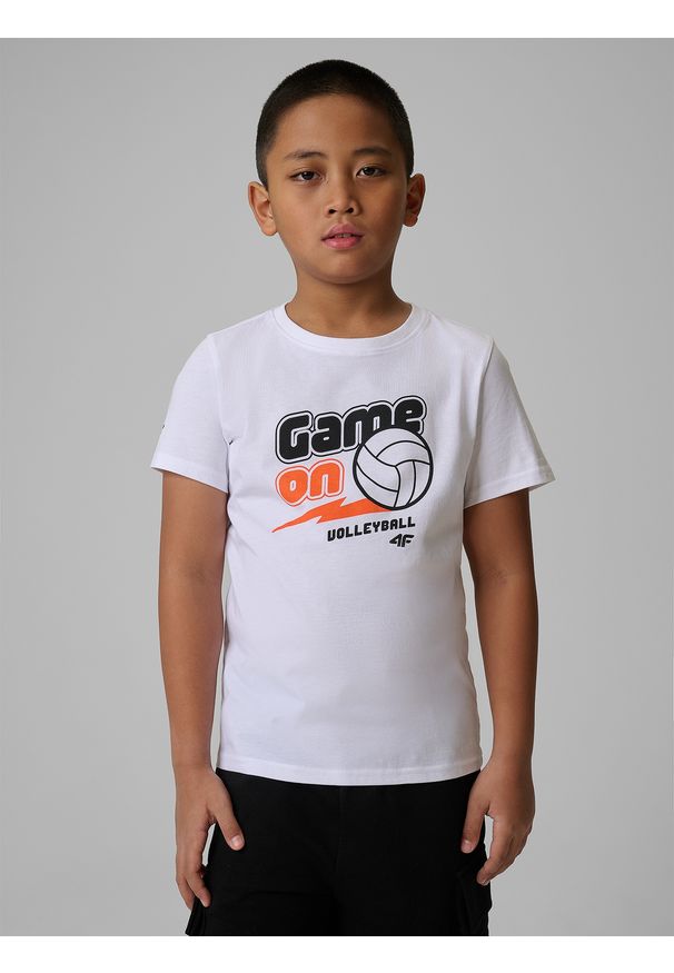 4f - 4F T-shirt regular z nadrukiem chłopięcy - biały 152 (11-12 lat). Okazja: na co dzień, na uczelnię. Kolor: biały. Materiał: dzianina, bawełna, skóra, materiał. Wzór: nadruk. Sezon: lato. Styl: casual