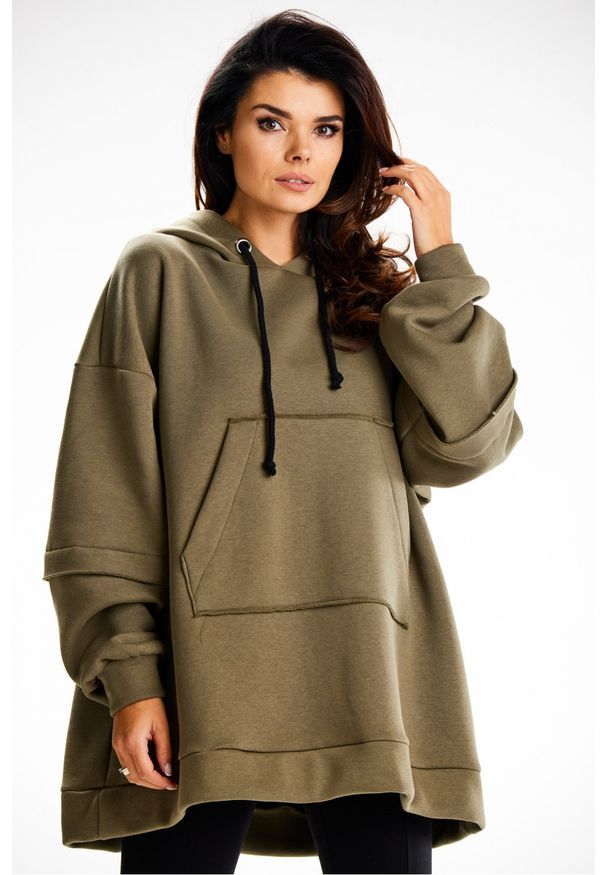 Infinite You - Bluza damska oversize z kapturem bawełna premium khaki. Okazja: na co dzień, na spacer. Typ kołnierza: kaptur. Kolor: brązowy. Materiał: bawełna. Wzór: aplikacja. Styl: casual, elegancki