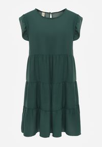 Renee - Ciemnozielona Sukienka z Krótkim Rękawem i Ozdobnymi Falbankami o Rozkloszowanym Kroju Vetesa. Okazja: na co dzień. Typ kołnierza: kołnierz z falbankami. Kolor: zielony. Materiał: jeans, wiskoza. Długość rękawa: krótki rękaw. Typ sukienki: proste. Styl: casual, klasyczny #4