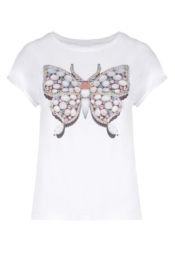 Born2be - Biały T-shirt Pallekaia. Kolor: biały. Materiał: dzianina, bawełna, jeans. Długość rękawa: krótki rękaw. Długość: krótkie. Wzór: aplikacja, nadruk. Styl: klasyczny