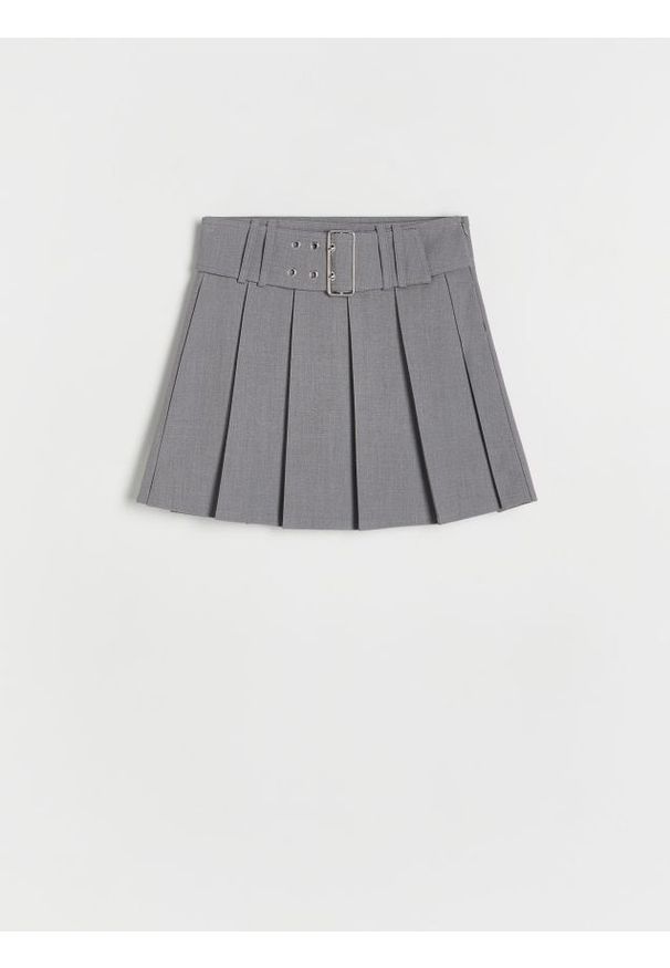 Reserved - Plisowana spódnica z paskiem - ciemnoszary. Kolor: szary. Materiał: wiskoza, tkanina