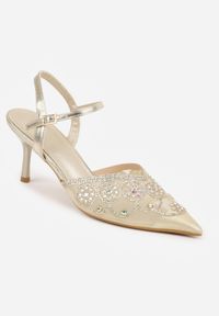 Renee - Złote Siateczkowe Czółenka na Szpilce VICES Ozdobione Cyrkoniami i Brokatem Orinelis. Zapięcie: sprzączka. Kolor: złoty. Materiał: satyna. Szerokość cholewki: normalna. Wzór: aplikacja. Obcas: na szpilce. Styl: glamour #9