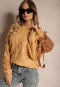 Renee - Żółty Luźny Sweter o Pudełkowym Kroju i Tłoczonym Splocie ze Ściągaczami Elomara. Okazja: na co dzień. Kolor: żółty. Materiał: jeans. Wzór: ze splotem. Styl: casual, elegancki