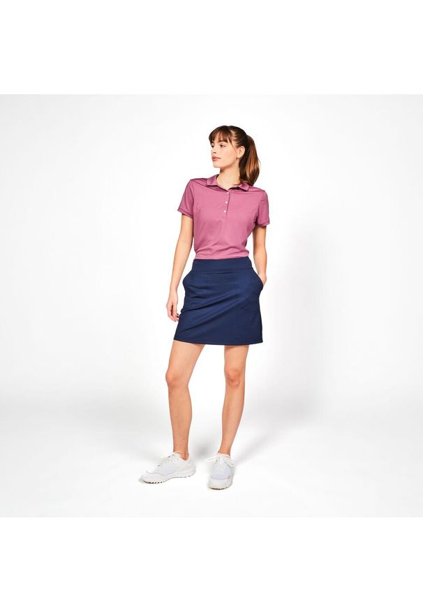 INESIS - Koszulka polo do golfa z krótkim rękawem damska Inesis WW500. Typ kołnierza: golf, polo. Kolor: fioletowy. Materiał: materiał, poliester, elastan. Długość rękawa: krótki rękaw. Długość: krótkie