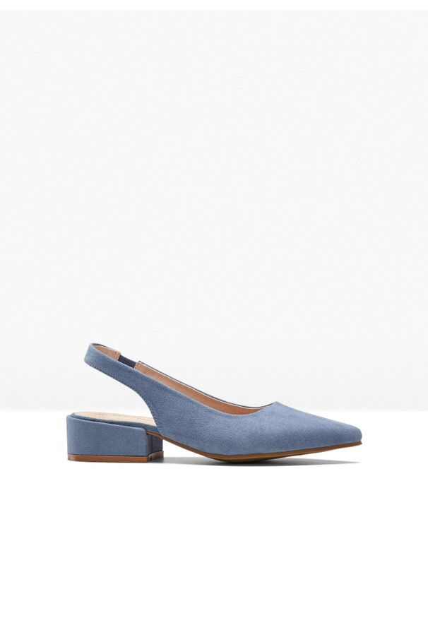 bonprix - Czółenka z odkrytą piętą, na płaskim obcasie. Kolor: niebieski. Obcas: na obcasie. Wysokość obcasa: niski