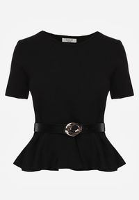 Renee - Czarna Dzianinowa Bluzka Baskinka z Paskiem i Klamrą Megassa. Kolor: czarny. Materiał: dzianina #8