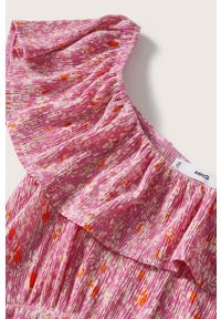 mango - Mango sukienka Soraya kolor różowy midi rozkloszowana. Typ kołnierza: dekolt hiszpanka. Kolor: różowy. Materiał: tkanina, włókno. Typ sukienki: rozkloszowane. Długość: midi #7