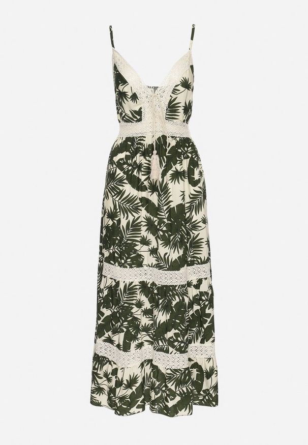 Born2be - Jasnobeżowa Bawełniana Sukienka Rozkloszowana z Koronką w Tropikalny Wzór Alusela. Okazja: na co dzień. Typ kołnierza: dekolt w serek. Kolor: beżowy. Materiał: bawełna, koronka. Długość rękawa: na ramiączkach. Wzór: koronka. Typ sukienki: rozkloszowane. Styl: casual, elegancki