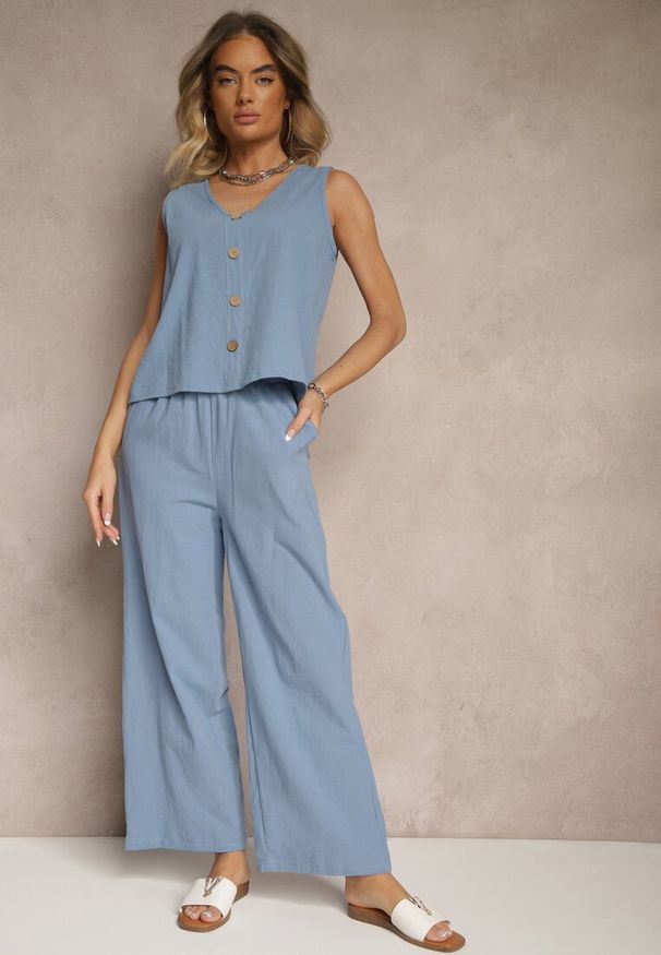 Renee - Niebieski Komplet z Bawełny Bluzka z Guzikami Szerokie Spodnie z Gumką w Talii Floricella. Kolor: niebieski. Materiał: bawełna. Wzór: aplikacja